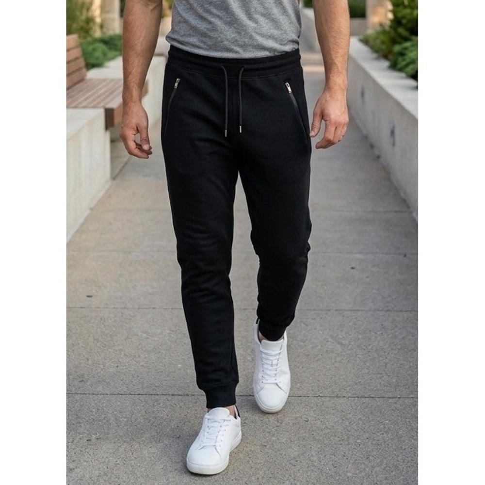 Wicked Stitch Fleece Drawstring Jogger Pants Men's M Black Zipper Pockets Active